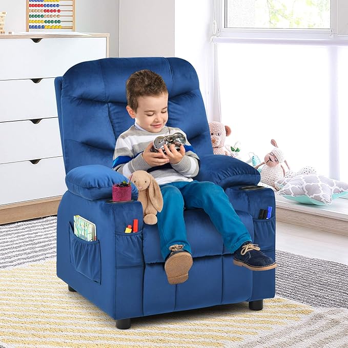 Costzon Kids Recliner Chair with Cup Holder, Adjustable Velvet Lounge Chair w/Footrest & Side Pockets for Children Boys Girls Room, Ergonomic Toddler Furniture Sofa Gifts, Kids Recliner (Blue)