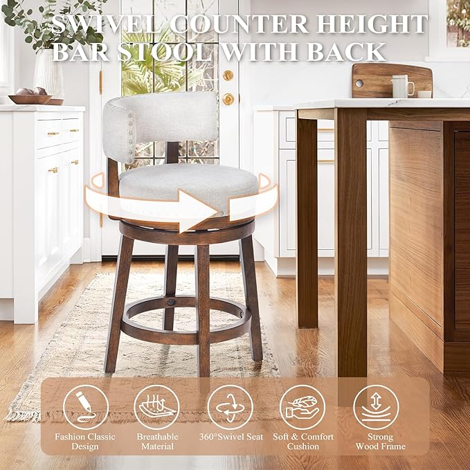 COLAMY Swivel Bar Stool, Modern Swivel Barstool with Back, Counter Height Bar Stools, 25 Inch Upholstered Wood Barstool for Kitchen Island Dining Room Bar, Beige