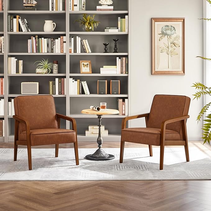 Yaheetech PU Leather Accent Chair, Mid-Century Modern Barrel Chair with Wooden Frame and Soft Thick Padded for Living Room Bedroom Home Office, 2 PCS, Light Brown