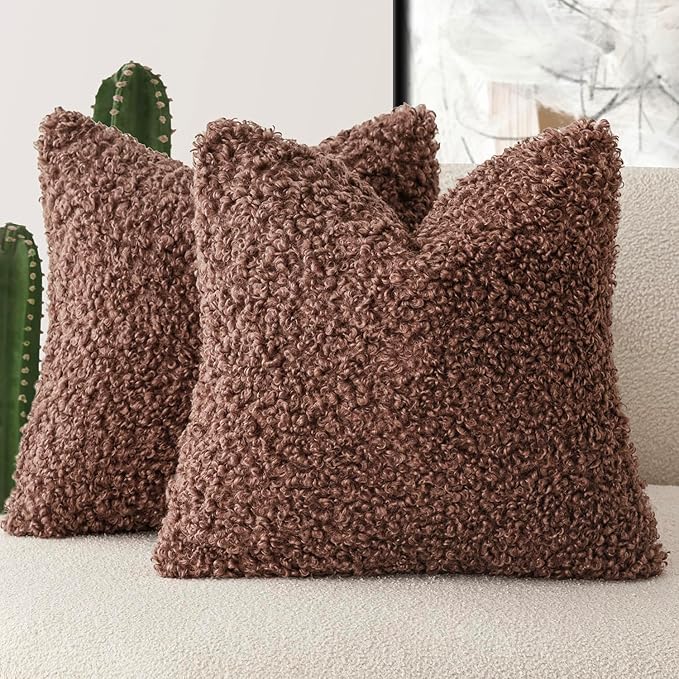 Foindtower 2 Pieces 16x16 Inch Red Brown, Faux Fur Throw Pillow Cover Accent Sherpa Furry Pillow Covers Fuzzy Soft Pillowcases Cozy Sheepskin Decorative Fleece Cushion Case for Bed Couch Living Room