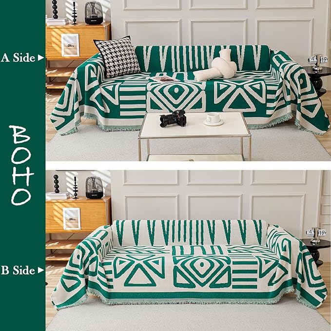 HANDONTIME Dark Green Couch Cover Boho Sofa Covers Washable Forest Green Dog Covers for Couches Reversible Couch Blanket Cover Geometric L Shaped Couch Covers for 2 3 Couch Cushion Cover, 91" X150"