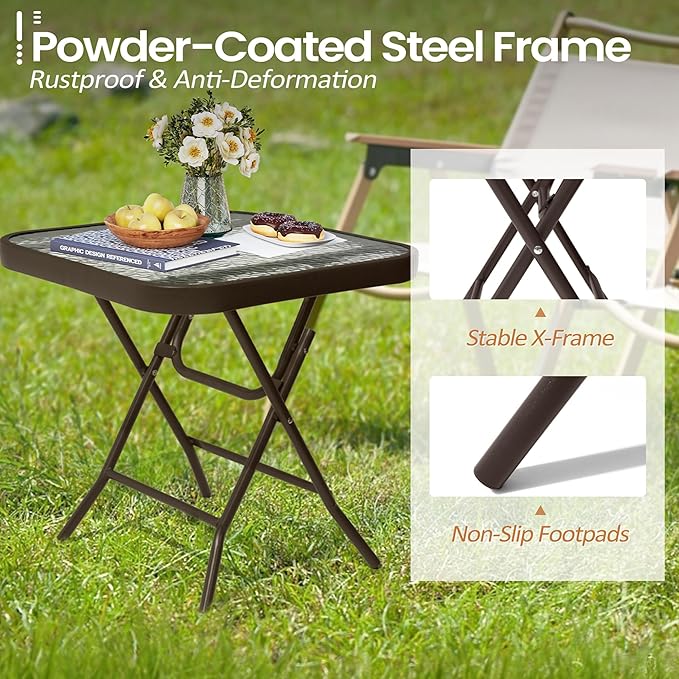 Foldable Outdoor Side Table with Tempered Glass Top Square 18" Folding Patio Side Table Small Glass End Tables for Patio Porch Yard Balcony Deck Lawn Dining Garden (Brown)