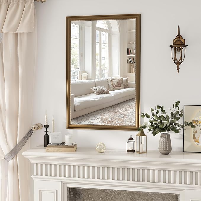 Axeman 32x48 Rectangular Wall Mirror, Decorative Bathroom Mirror, Traditional Vintage Wall Mounted Mirror with Beaded Frame for Accent Living Room Vanity Bedroom Entryway, Gold