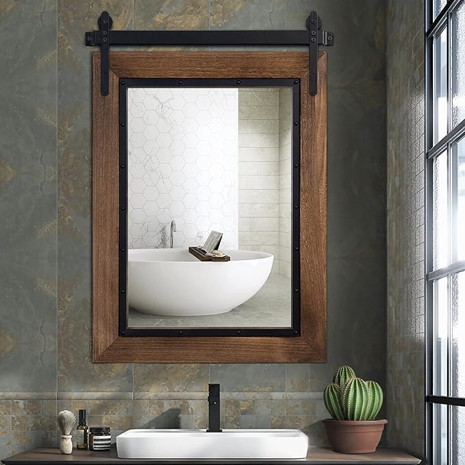 YOSHOOT Farmhouse Barn Door Mirror, 32"x24" Rustic Bathroom Mirror, Wood Frame Wall Mirror, Wooden Mirror for Living Room Bedroom Entryway Wall Décor, Vertical Hanging ONLY