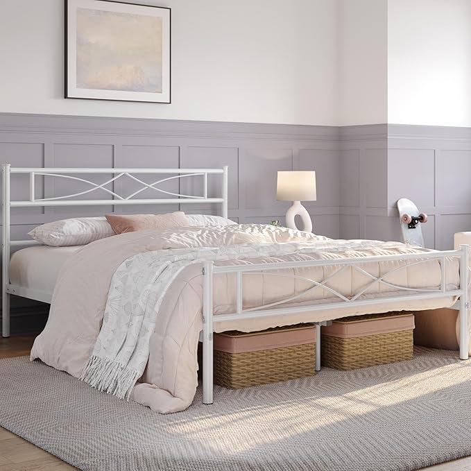 Yaheetech Metal Full Size Bed Frame, Platform Bed Frame, Mattress Foundation with Curved Design Headboard & Footboard, NO Box Spring Needed, Heavy-Duty Support, Easy Assembly, Full, White