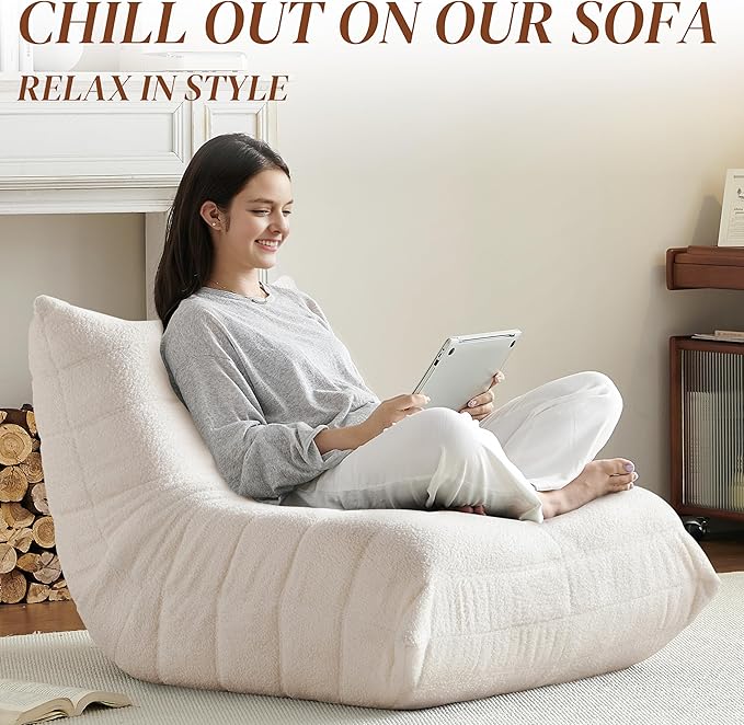 Bean Bag Chair, Fireside Chair Bean Bag Sofa for Adults, Bean Bag Chairs for Teens with High-Resilience Foam, Memory Foam & Non-Slip Base Bean Bag for Living Room, Bedroom, Office (Teddy, Beige)