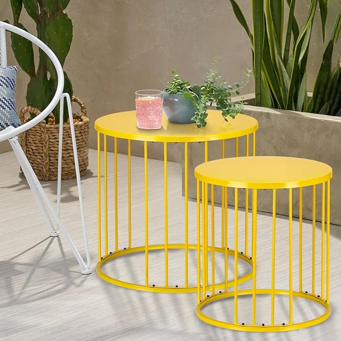 LEWIS&WAYNE Outdoor Side Table Set of 2, Metal Circle Accent End Tables for Balcony Backyard Garden Indoor Living Room, Durable Nesting Coffee Tables, 20”+16” Dia, Yellow