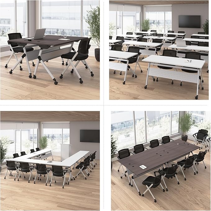 Bush Business Furniture Folding Training Table Set for 2, 72 inch Desk with Powered Grommets and 2 Chairs with Arms, Commercial-Grade Bundle for Office or Classroom, Envision Collection, White