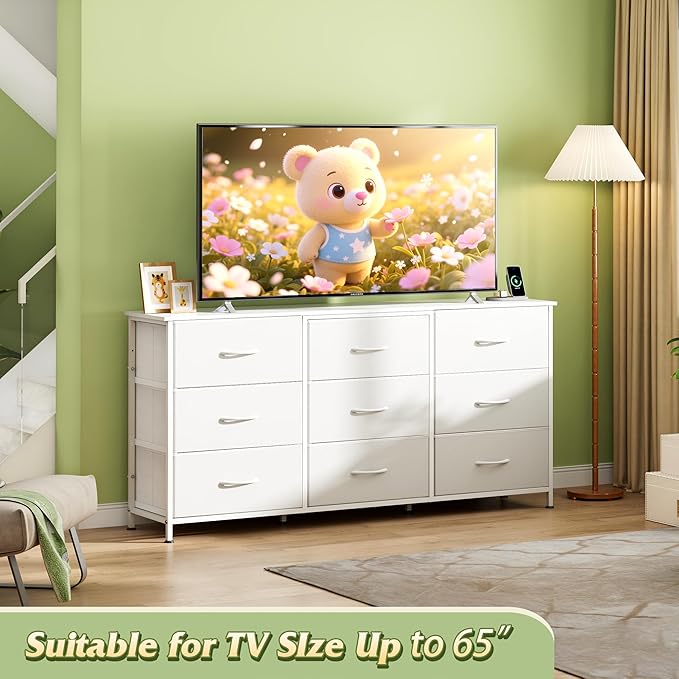 WLIVE 54''W Dresser for Bedroom, White Dresser TV Stand for 55, 60, 65 inch TV, Wide Chest of Drawers with 9 Drawer, Large Entertainment Center, Fabric Dressers with Wood Top for Closet, Living Room