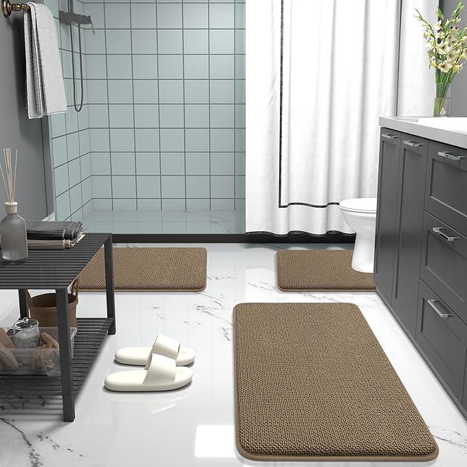 OLANLY Thick Memory Foam Bath Mat Rug 24x16, Extra Soft Absorbent Bathroom Rug, Quick Dry Bath Mats, Non-Slip, Machine Washable Carpet for Bathroom, Tub and Shower, Home Decor Accessories, Tan