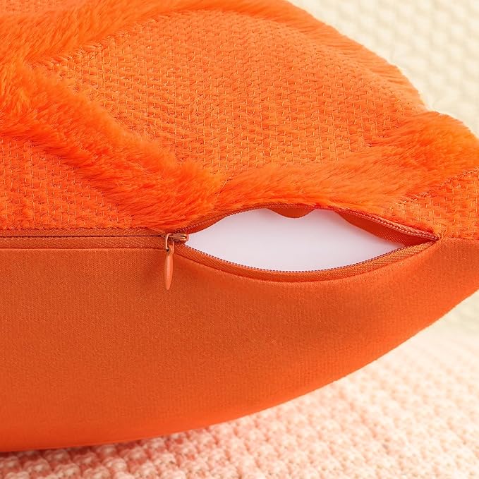 decorUhome Fall Throw Pillow Covers 24x24 Inch Set of 2, Soft Plush Faux Fur Wool Orange Couch Pillow Covers, Decorative Neutral Pillow Cases for Bed Sofa Living Room Home Decor