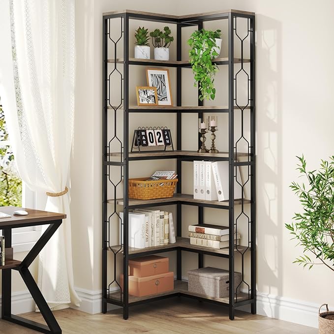 Tribesigns Corner Shelf, 7-Tier Industrial Corner Bookshelf, Wood and Metal Corner Etagere Bookcase, Freestanding Display Shelf for Living Room, Kitchen, Home Office, Gray