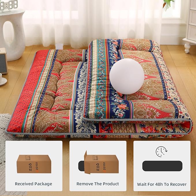 Bohemian Retro Japanese Floor Mattress, Vintage Floral Tatami Floor Mat, Portable Roll up Futon Mattress for Guest,Tavel (A,Queen80 X 60")