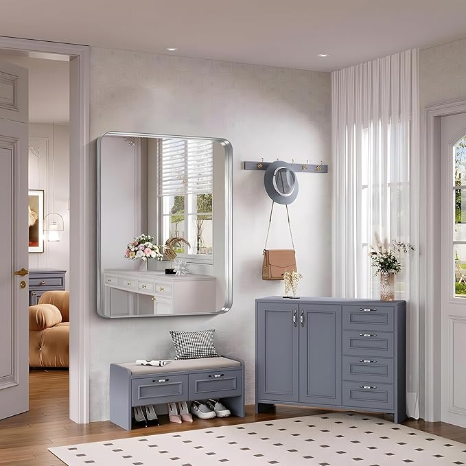 FORBATH 48x40 Inch Large Bathroom Mirror, Brushed Silver Deep Frame Wall Mirror with Rounded Corners, Anti-Rust Tempered Glass for Modern Farmhouse Vanity (Horizontal/Vertical)