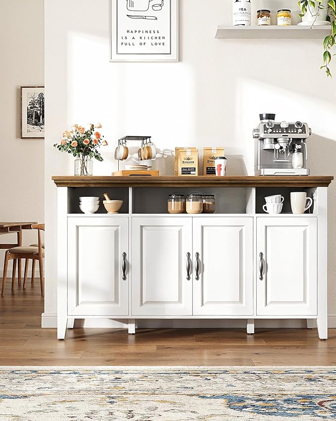 Marsail Sideboard Buffet Cabinet with Storage, 55" Farmhouse Kitchen Buffet Bar Table 4 Door Storage Cabinets for Dining Room Furniture, Wood White