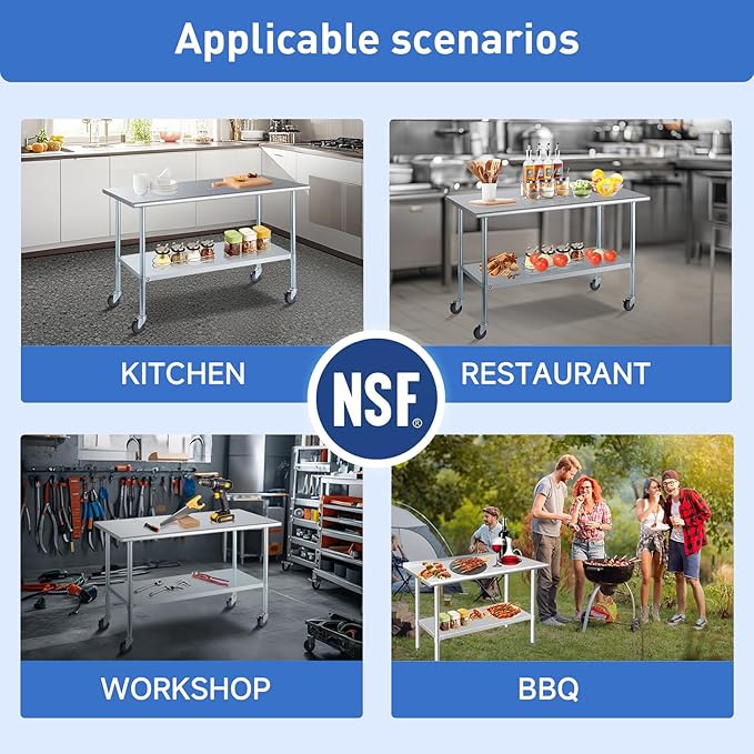 ROCKPOINT Stainless Steel Table for Prep & Work with Caster Wheels 18x72 Inches, NSF Metal Commercial Kitchen Heavy Duty Table with Adjustable Under Shelf and Table Foot for Restaurant, Home and Hotel