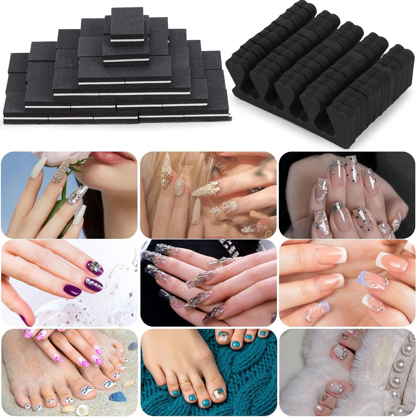 102pcs Toe Separators Set - Premium Pedicure Tool Super Soft Pedicure Toe Separator- Mini Nail Buffer Block File 80/100 Grit 2 Sided, Black