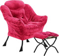 Fabric Lazy Chair with Ottoman, Oversized Upholstered Sofa Chair for Adults, Plush Comfy Lounge Chair with Large Side Storage Pocket, Reading Chair for Living Room, Bedroom, Office, Rose Red