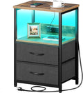 Seventable Nightstand with Charging Station, Bedside Table with LED Lights, Night Stand with 2 Fabric Drawers, 3-Tier Storage End Table for Bedroom, Rustic Brown