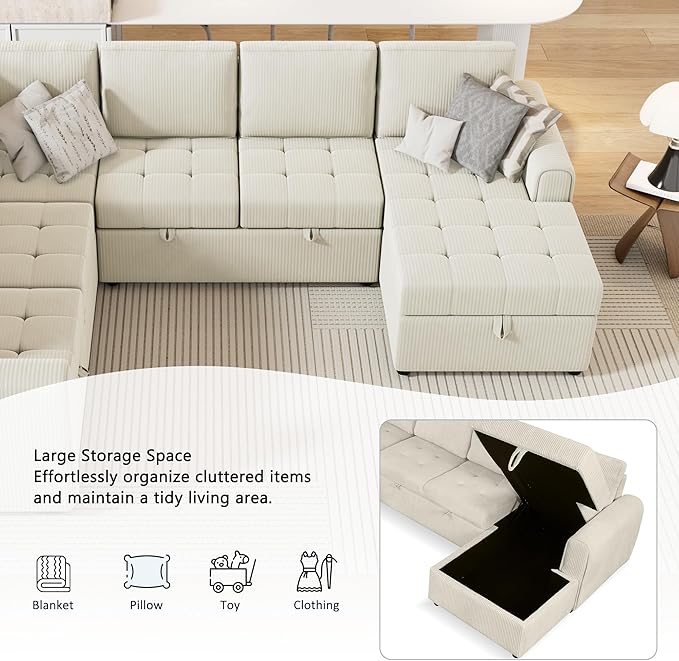 107.5" Corduroy U Shaped Sofa,Sectional Sleeper Couch Pull Out Bed with Storage Chaise,Convertible Corner Sofa-Bed w/Portable Handles and Smooth Wheels,2 USB,for Living Room,Beige