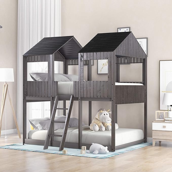 Ball & Cast Full Over Full Size Playhouse Bunk Bed with Roof and Window,Wood Bunkbed w/Full-Length Guard Rail & Ladder,Slat Support,Space Saving,Bedroom Furniture for Student Dorms,Antique Gray