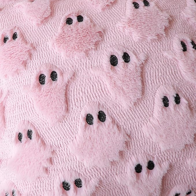 4TH Emotion Halloween Ghost Decorative Pillow Covers 16x16 Set of 2, Pink Soft Plush Faux Fur Farmhouse Throw Cushion Cases for Fall Autumn Holiday Home Decorations