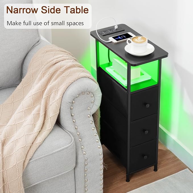 Narrow End Tables Living Room Set of 2 with Charging Station, Skinny Side Table with Fabric Drawers, Slim LED Nightstand for Bedroom, Small Spaces, Couch, Black, HETNDP03LBK