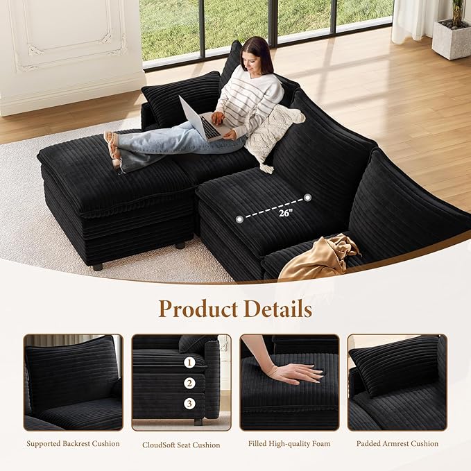 Vesgantti 142" Cloud Couch Sectional Modular Sofa, Comfy Sectional Couch with Ottoman Deep Seat Corduroy L Shaped Sofa, Modular Couches for Living Room, Bedroom and Apartment, Black