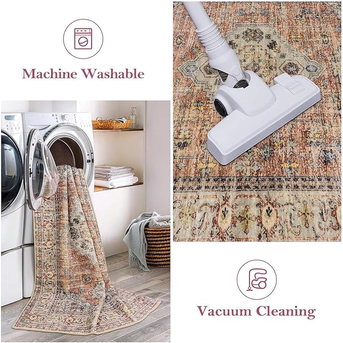 Lahome Oriental Small Area Rug, 2x4 Soft Washable Rugs for Entryway Kitchen, Non-Slip Ultra-Thin Indoor Door Mat Distressed Vintage Small Carpet for Bathroom Bedroom, Peach/Orange