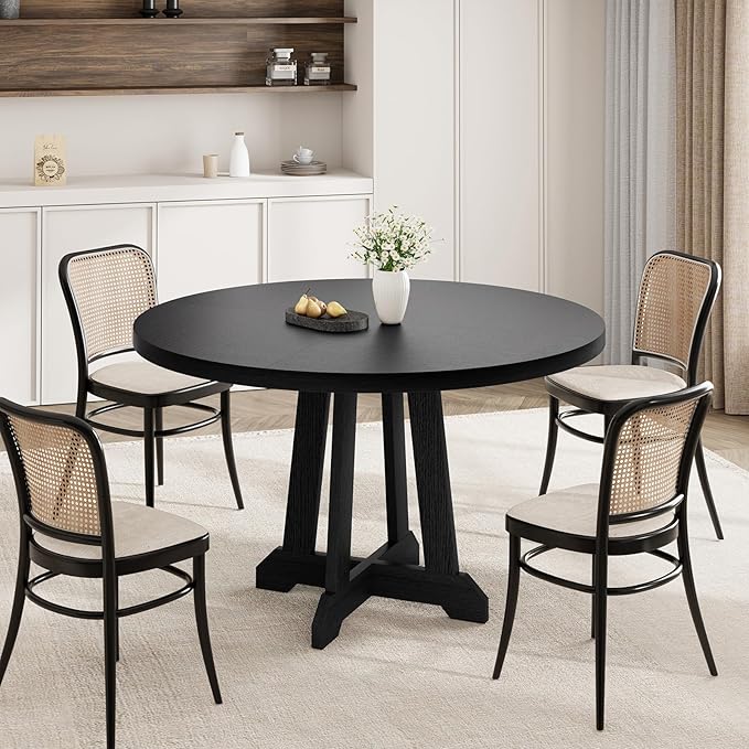 Round Dining Table for 4, 47 Inch Wooden Circle Dinner Table with Sturty Legs, 4 Parts of Tabletop, Round Pedestal Kitchen Tables for Dining Room, Kitchen, Living Room, Brown