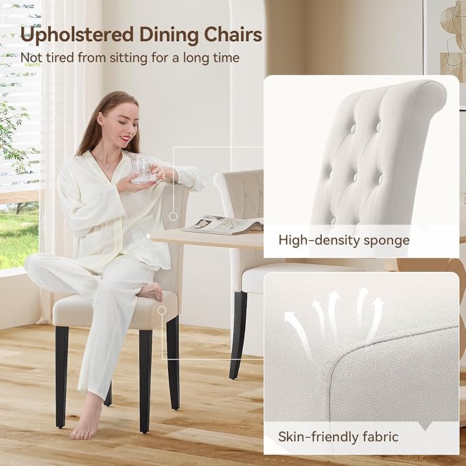 Upholstered Dining Chairs Set of 6, Button Tufted Parsons Dining Chair with Solid Wood Legs, Modern Fabric Side Chair for Dining Room/Kitchen/Restaurant/Hotel- White
