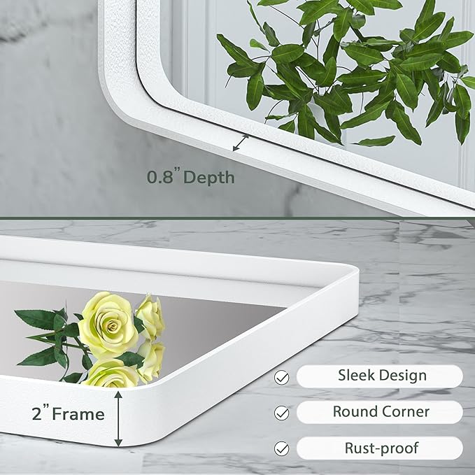 TokeShimi 60 x 36 Inch White Bathroom Mirror for Wall with Non-Rusting Aluminum Alloy Metal Frame Rounded Corner Rectangle Mirror for Modern Farmhouse Home Decor Mirror(Horizontal/Vertical)