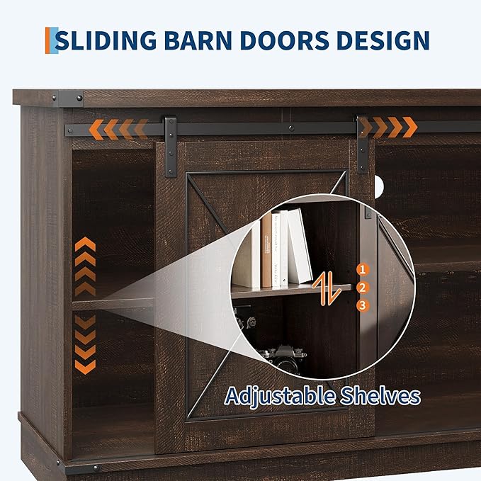 CABIHOME Farmhouse TV Stand and Entertainment Center for Tv up to 65 inches with Sliding Barn Doors and Adjustable Shelf, TV Media Storage Console Table for Living Room, Brown