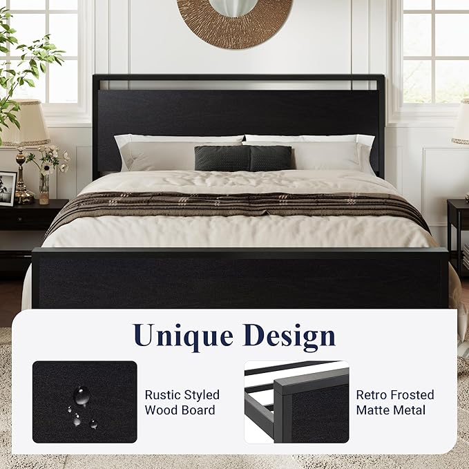 Allewie Queen Size Platform Bed Frame with Wooden Headboard and Footboard, Heavy Duty 12 Metal Slats Support, No Box Spring Needed, Under-Bed Storage, Noise Free, Easy Assembly, Black Oak