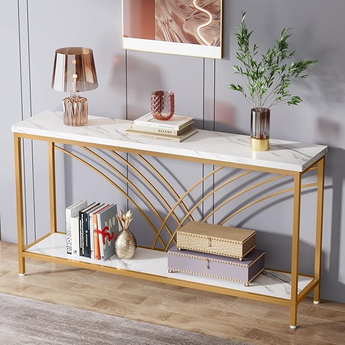 Tribesigns 70.9 inch Extra Long Console Table, Faux Marble Entryway Table with 2 Tier Storage Shelf, Narrow Sofa Table Behind Couch, Modern Hallway Accent Table for Living Room, White and Gold