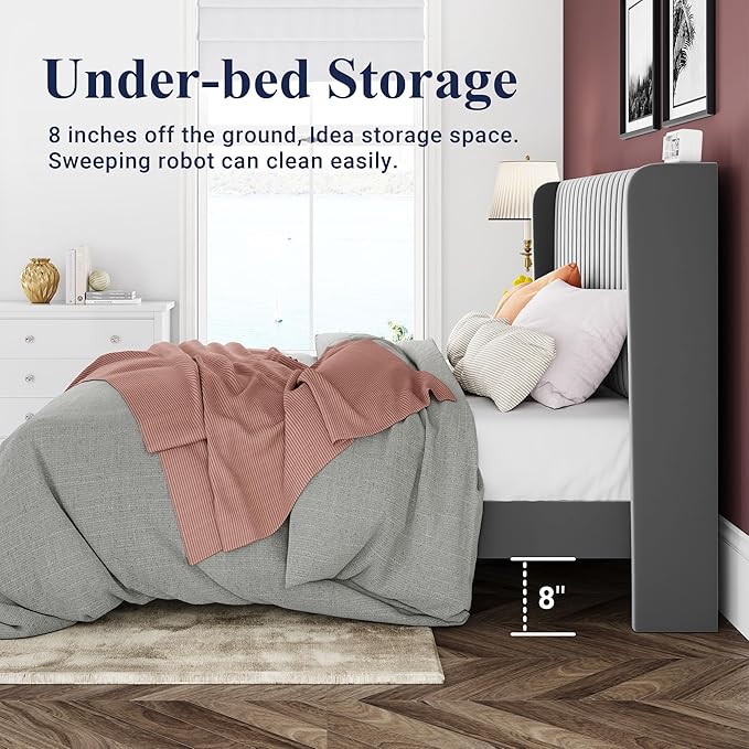 Allewie Queen Size Velvet Bed Frame/Vertical Channel Tufted Wingback Headboard/Upholstered Platform Bed/Strong Wooden Slats/No Box Spring Needed/Easy Assembly/Grey