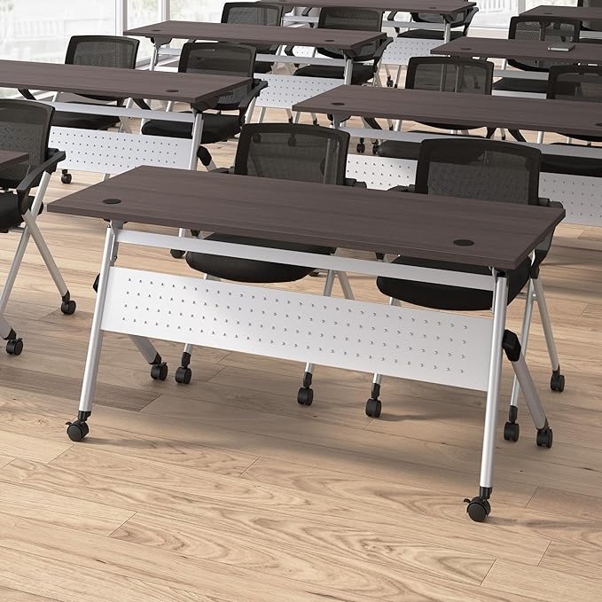 Bush Business Furniture Folding Training Table Set for 2, 72 inch, 2 Mesh Back Folding Chairs with Arms, Commercial-Grade Bundle for Office or Classroom, Envision Collection, Gray