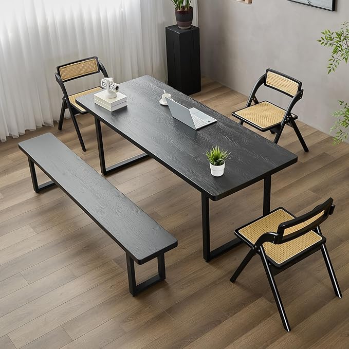 Modern Solid Wood Dining Table with Metal Base Stylish Durable Dining Room Table in Black Multiple Sizes Home Use Office Desk(55.12in)