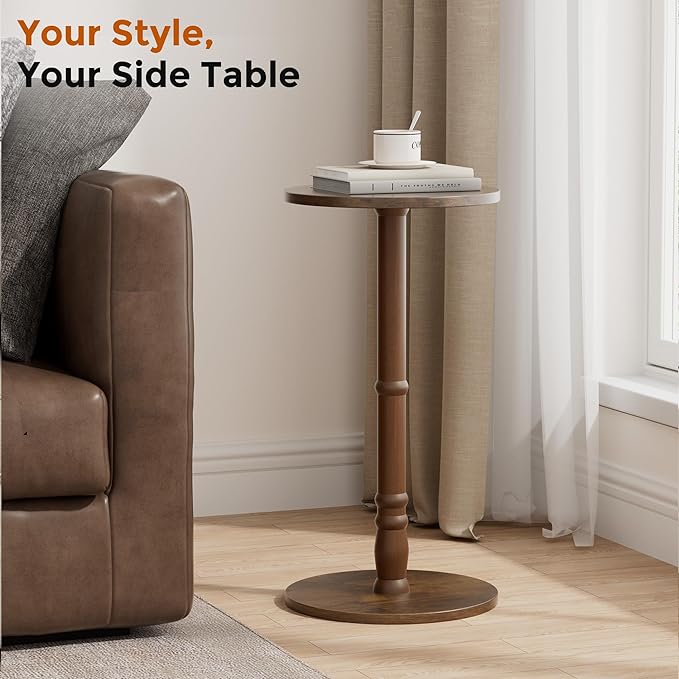 Round Side Table, Solid Wood Pillar with Wood Top & Base, Small Drink Accent Table for Living Room, Bedroom, Sofa & Office, Easy Assembly, Rustic Brown