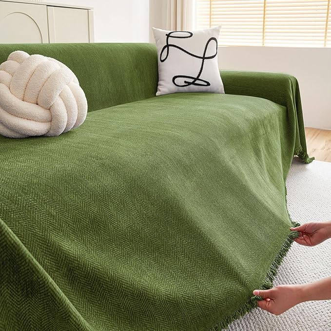 hyha Couch Cover for Dogs, Boho Sofa Covers for 3 Cushion Couch Washable, Chenille Sofa Slipcover for Pets, Soft Loveseat Sectional Couch Throw Blankets with Tassels (Green, 88.5x134 Inch)