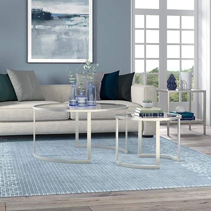 Henn&Hart Round Nested Coffee Table in Satin Silver, for Home, Living Room, Bedroom, Entertainment Room, Office