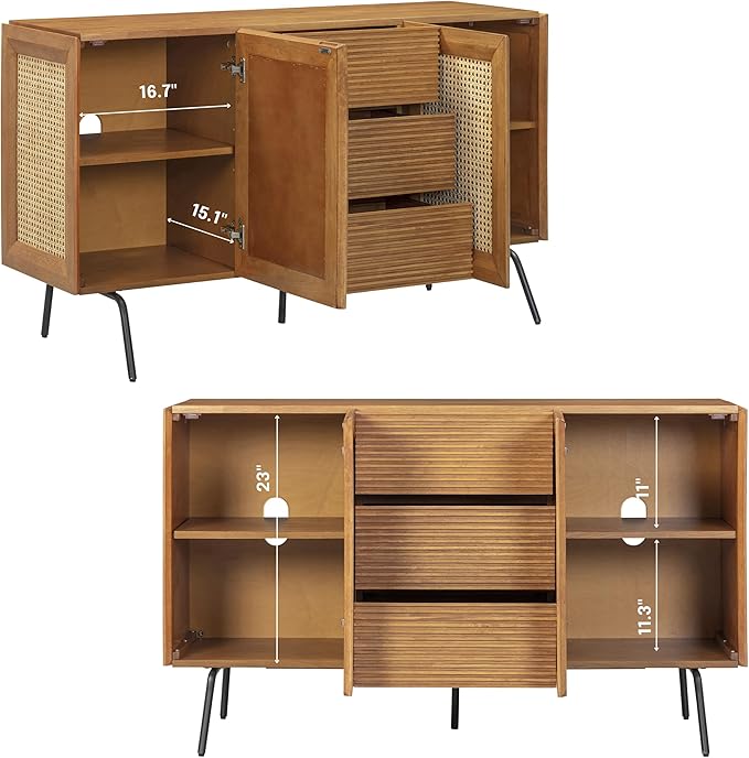 NTC MOSSIC Sideboard with 2 Doors and 3 Drawers, Buffet Cabinet with Natural Rattan and Metal Legs, Modern Storage Cabinet for Living Room, and Hallway, Effortless Assembly, Teak Look
