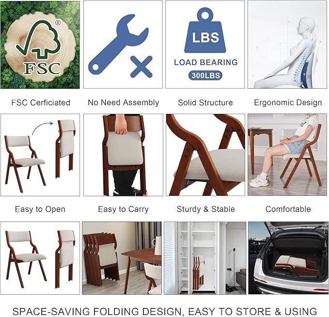 Ball & Cast Upholstered Folding Chairs Set of 2 with Ergonomically Designed Back and Solid Wood Frame, for Dining Room and Office,Indoor and Outdoor Events,Space Saving,Cream White+Cherry