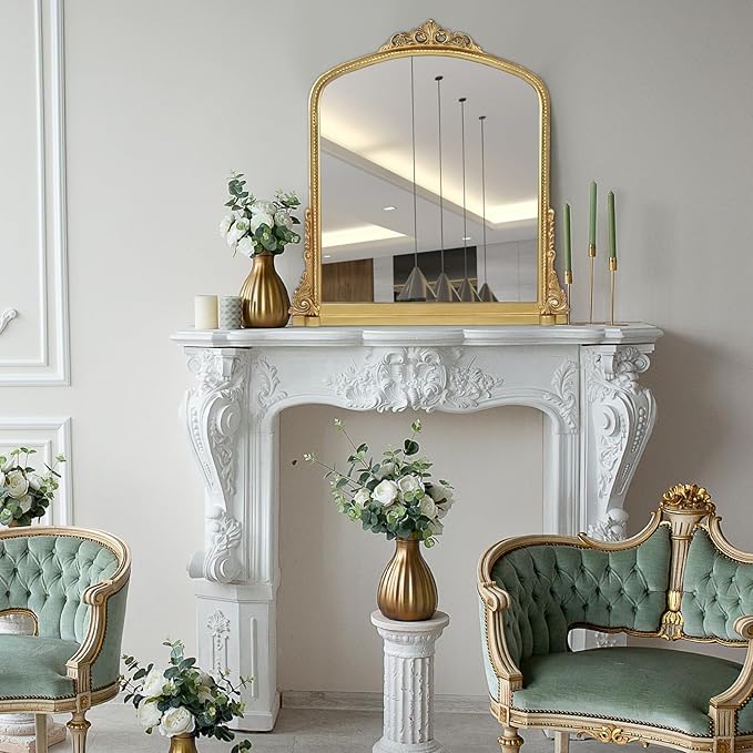 Traditional Ornate Arched Wall Mirror Baroque Vintage Framed Bathroom Vanity Large Rectangle Gilded, 34''H x 32'' W, Antique Gold
