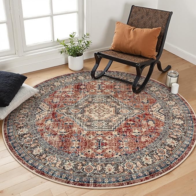 Lahome Oriental Washable Round Area Rug, Non-Slip Round Rugs 6ft Ultra-Thin, Soft Large Throw Circle Carpet for Living Room Bedroom Kitchen Nursery, Brick Red