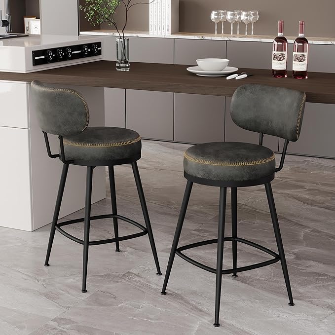 Counter Height Bar Stools, 26" H Swivel Barstools Set of 8, Faux Leather Kitchen Counter Stools with Back and Stylish Stitching, Metal Frame, Pub, Home Bar, Black Grey