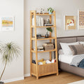 Bamjoy Bamboo Ladder Shelf, Bookshelf with 4 Display Shelves and 1 Open Storage Basket, Multifunctional Storage Rack Organizer for Home Office, Bedroom, Living Room, 66” H Natural