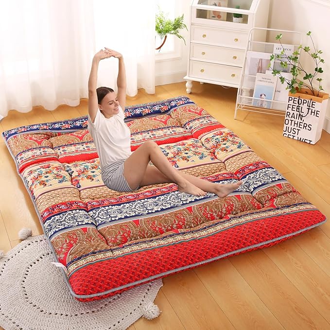 Bohemian Retro Japanese Floor Mattress, Vintage Floral Tatami Floor Mat, Portable Roll up Futon Mattress for Guest,Tavel (A,Twin 80" x 36")