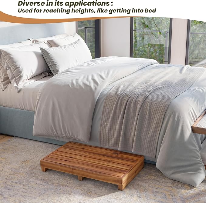TINAMO 3.5" One Step Stool for Elderly, Acacia Wood High Riser Step Stool for Bed - 550 Lbs Wooden Mobility Stepping Stools for Adults, Kids/Bedside, Bathroom, Kitchen, Garden (Acacia, 3.5" Height)