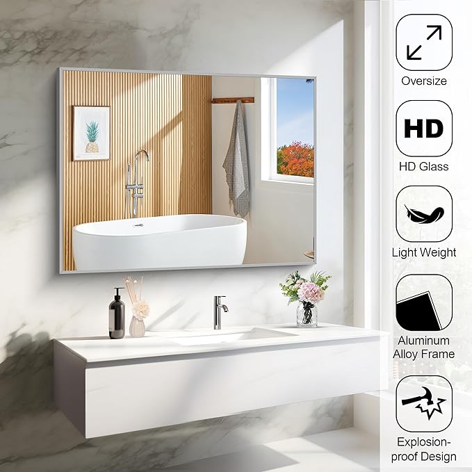 30x40In Silver Bathroom Mirror for Wall, Brushed Nickel Rectangle Mirrors with Metal Frame, Bathroom Rectangular Mirror Modern Wall Mirror for Bedroom Living Room, Hangs Horizontal or Vertical